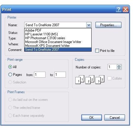 Choosing OneNote as your printer