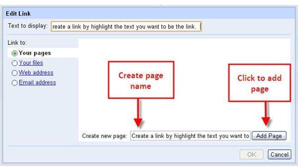 Figure 2: Use the Edit Link dialog box to create new pages for your site.