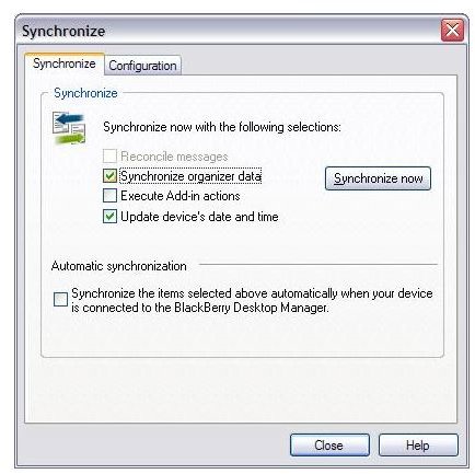 Blackberry Synchronize option