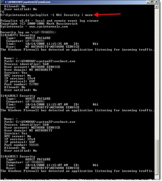 Figure 4: Specific event ID listing