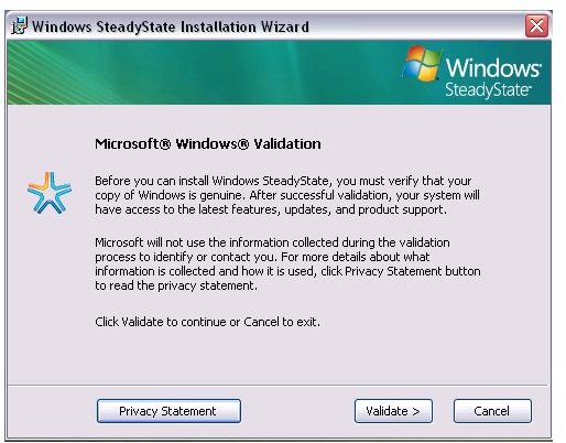 Validation is required to install Windows SteadyState