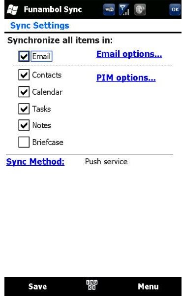 Funambol Sync Settings