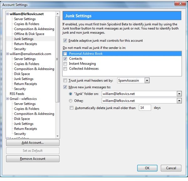 Figure 21 - Account Specific Junk Mail Settings