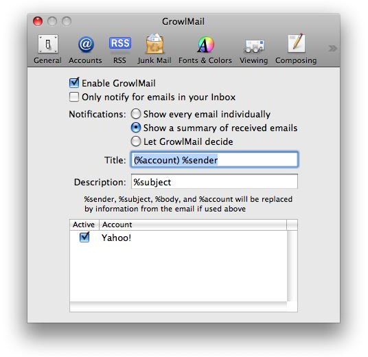 mail pref&rsquo;s growlmail settings