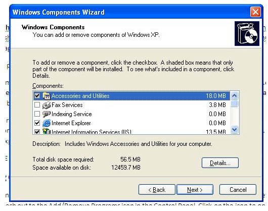 Fig 2: Windows XP Component Dialog