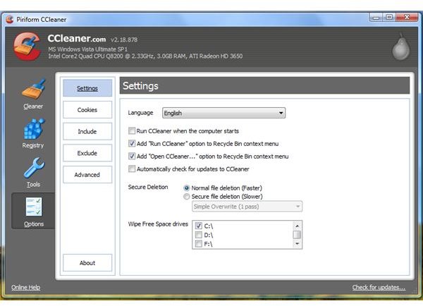 Deault Settings of CCleaner