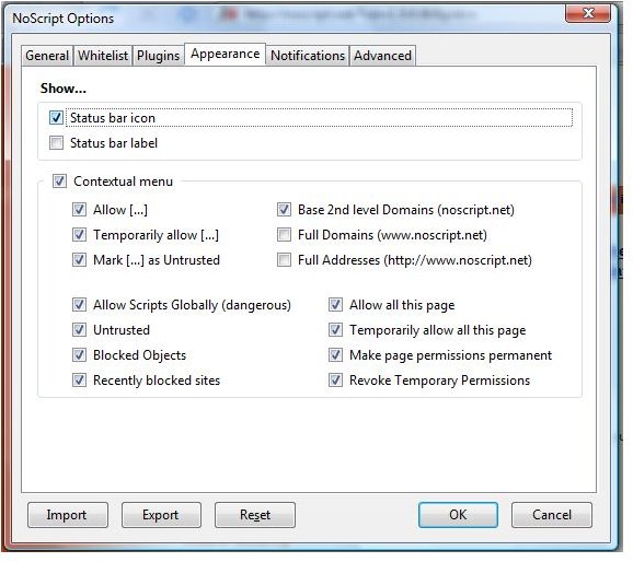 Appearance Options for NoScript