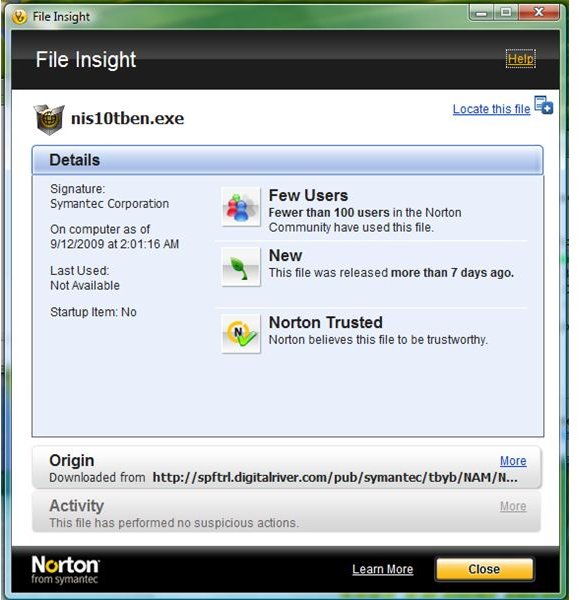 Norton File Insight window