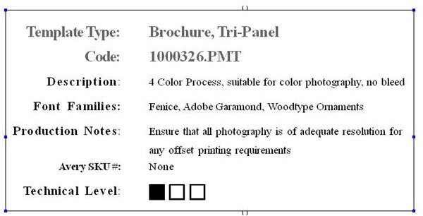 The Production box provides specs on the template, such as font, colors and printing requirements