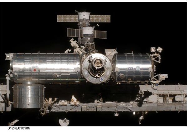Closeup of Kibo and Columbus, connected to the ISS via Harmony