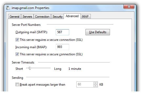 Vista Mail properties - Advanced Tab