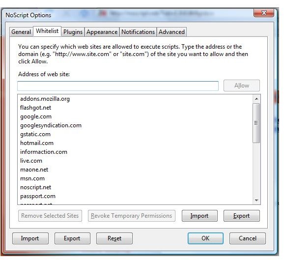 Whitelist Options in NoScript