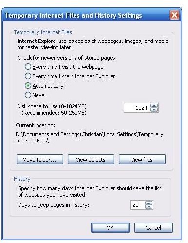 Temporary Internet Files and History Settings