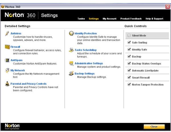 Settings UI in Norton 360