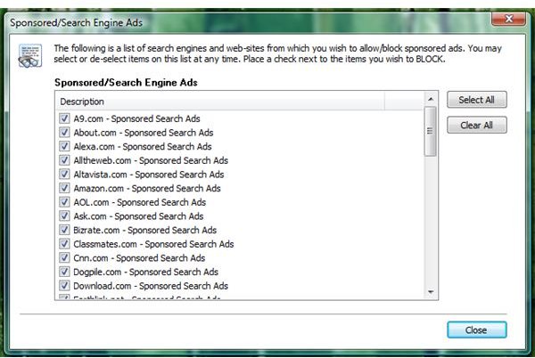 List of sites or search engines to block ads