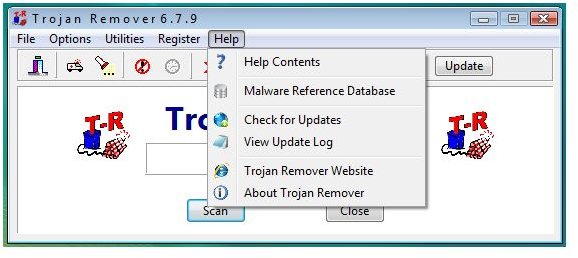 Trojan Remover menu to access Help and Database