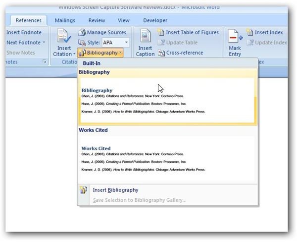 how to insert a citation in microsoft word 2007