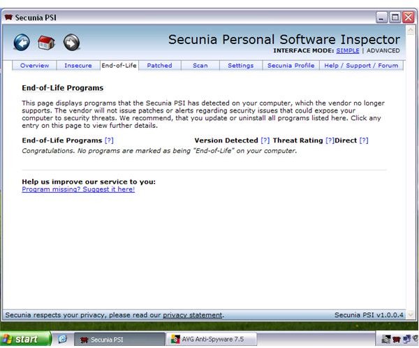 Secunia PSI failed to detect a no longer supported software installation