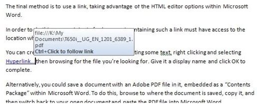 Use Microsoft Word HTML functions to embed a link to your PDF file