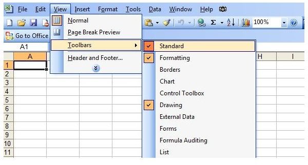 Standard Toolbar in Excel View Menu