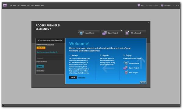 Adobe Premiere Elements 7 Welcome Screen