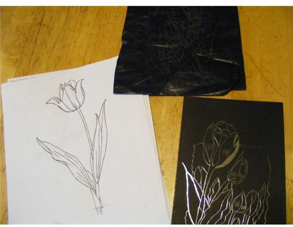 Drawing, carbon paper and scratch art