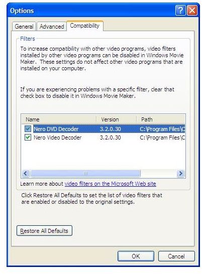 Fig 5 - Codecs in Windows Movie Maker