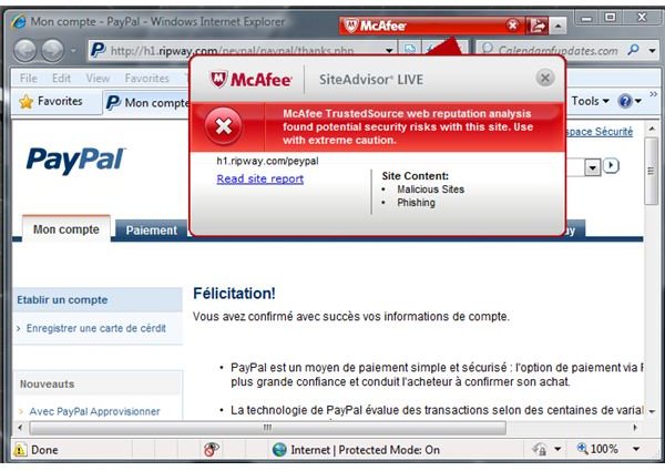 Phished PayPal Site Detected by SiteAdvisor