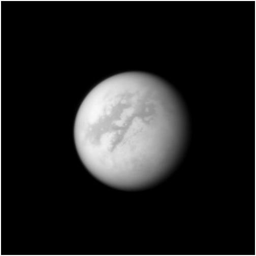 An image taken by Cassini at near-infrared wavelengths this year of the dark areas near the equator of Titan. 