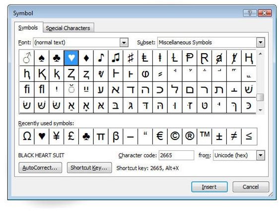 microsoft word list of symbols