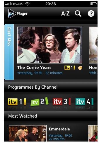 ITV Player app menu