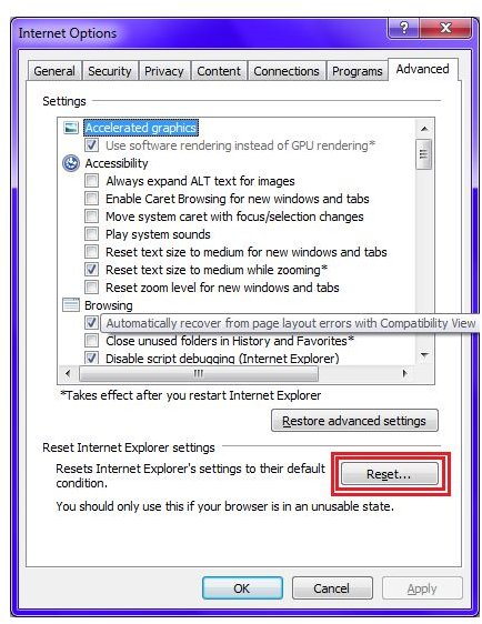 Fig 2 - Problems with Internet Explorer 9 - Reset IE9