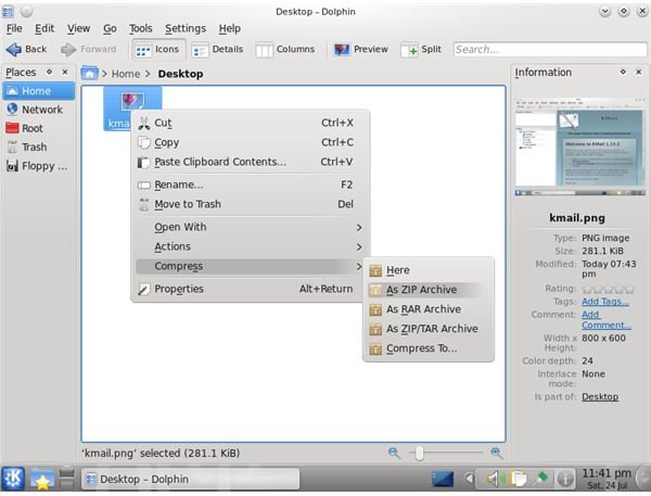 Zipping a file in KDE&rsquo;s Dolphin file manager on Kubuntu 10.04