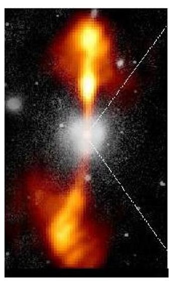 Composite vvisual/radio image of NGC4261 showing jets of radiation