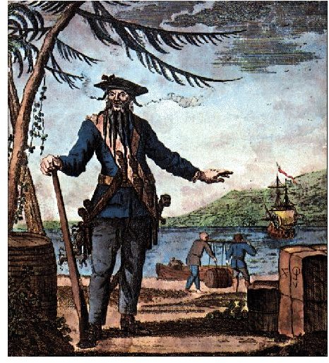 Blackbeard Engraving, 18th century by Thomas Nicholls 1734 wikipedia