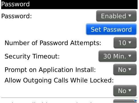 Blackberry Password settings