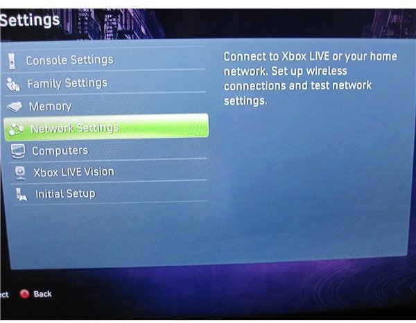 Xbox 360 Network Settings Menu