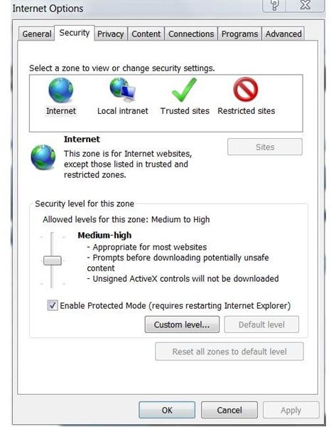 Adjusting Internet Explorer Browser Settings: Security Tab