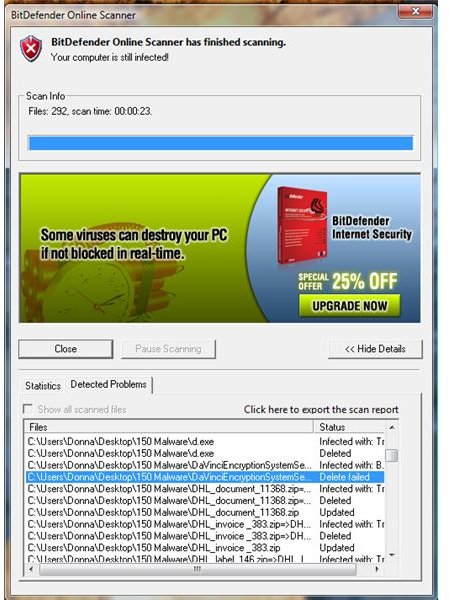 Detected Malware in a PC using BitDefender Online Virus Scan