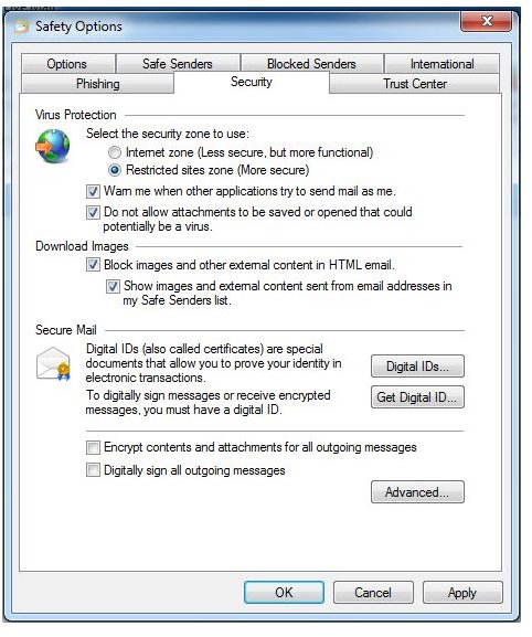Windows Live Mail’s Virus Protection Options