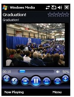 Windows Mobile Media Player 10 can be used to playback videos both in standard and full screen mode