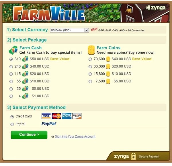 FarmVille Cash Purchase Screen