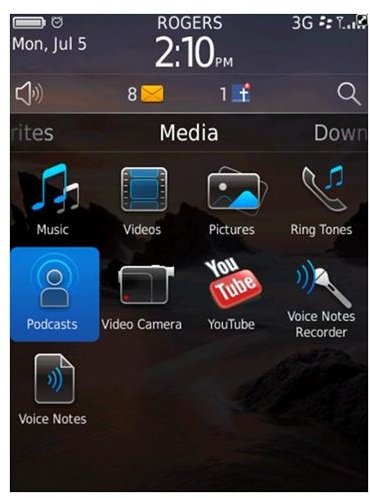 Blackberry Podcast icon in menu