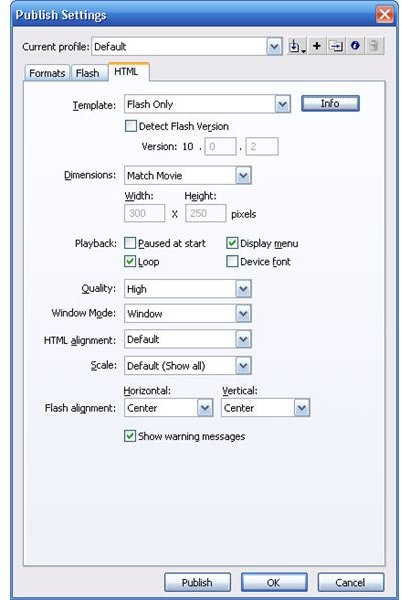 Flash Publish Settings