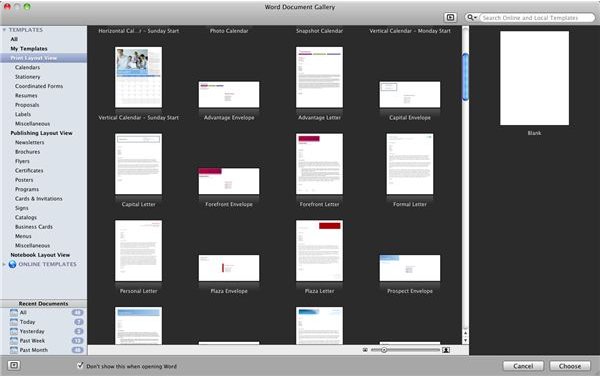 Word for Mac 2011 Print Layout Templates