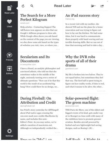 Instapaper&rsquo;s new iPad grid layout.