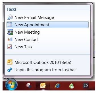 Office 2010 Jump Lists: Outlook options
