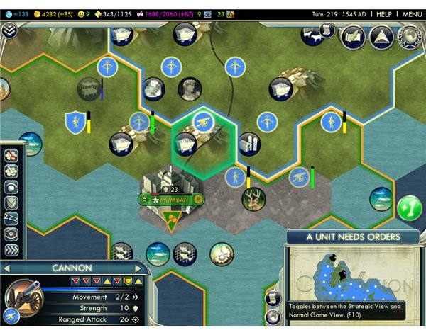 Civilization 5 Ranged Attacks - a view of the hexagon map