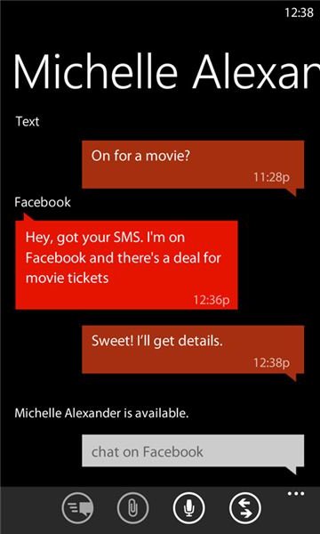 Messaging integrates SMS, Facebook and Windows Live