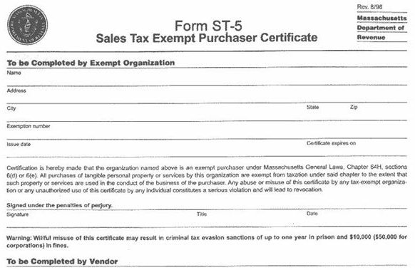 Screenshot Sales Tax Exempt Form